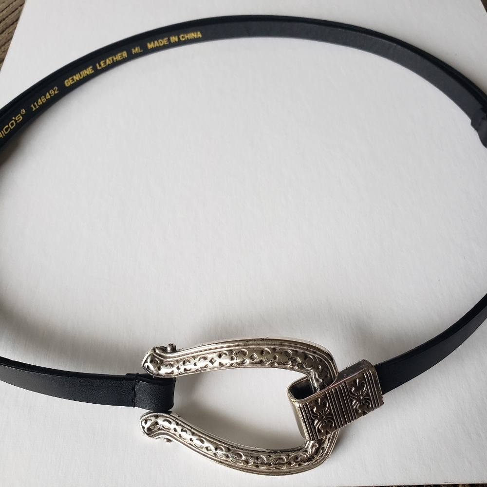 Chico's Genuine Leather Skinny Black Belt Silver Western Adjustable Buckle M/L